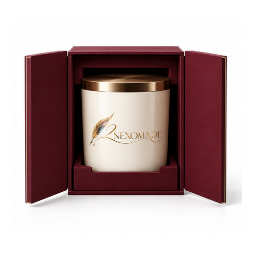 Burgundy candle presentation box with two front doors, a fitted insert and gold feather branding, shown open and closed.