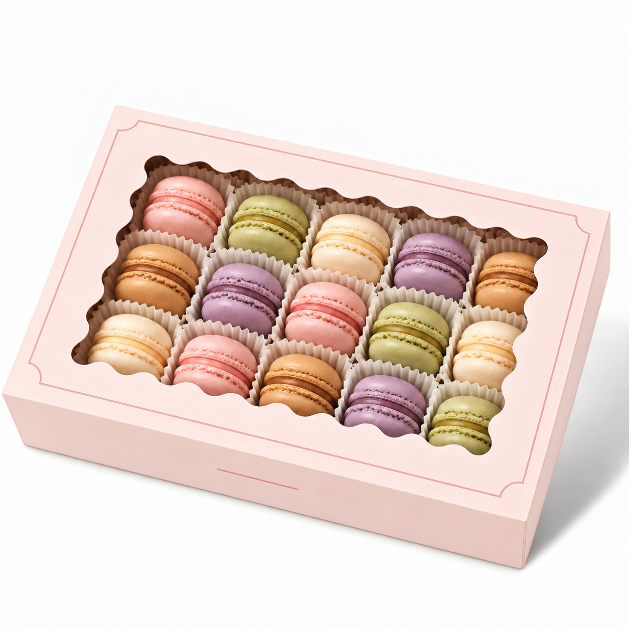 Blush pink rectangular macaron box with a scalloped window displaying colorful macarons in individual paper cups.