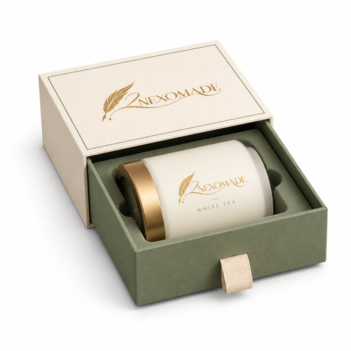 Ivory and sage candle drawer box with feather branding, shown open and closed.