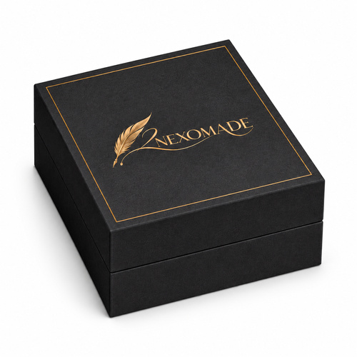Charcoal candle gift box with a removable lid, level base walls and gold feather branding, shown open and closed.