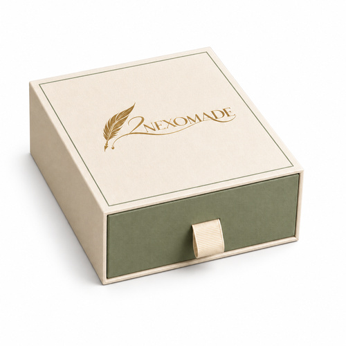 Ivory and sage candle drawer box with feather branding, shown open and closed.