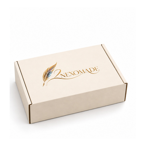 Cream candle mailer box with a plain front panel, fitted insert and gold feather branding, shown open and closed.