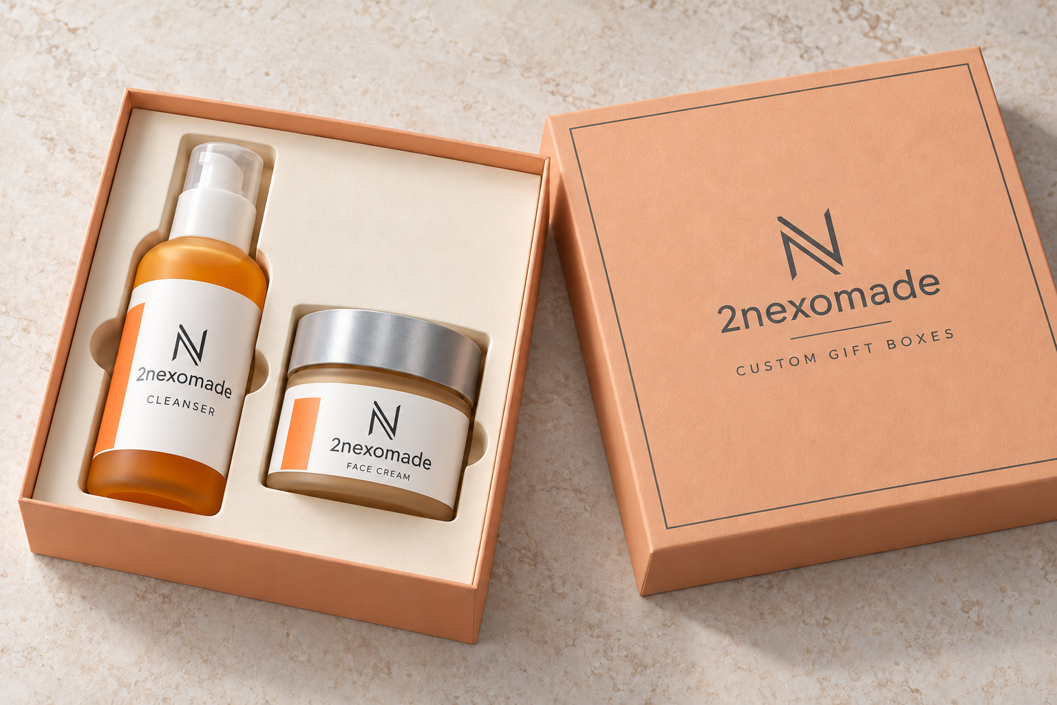 Open peach skincare gift box with an ivory fitted insert holding a cleanser bottle and cream jar, alongside its matching lid.