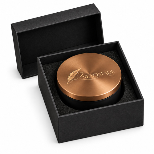 Charcoal candle gift box with a removable lid, level base walls and gold feather branding, shown open and closed.
