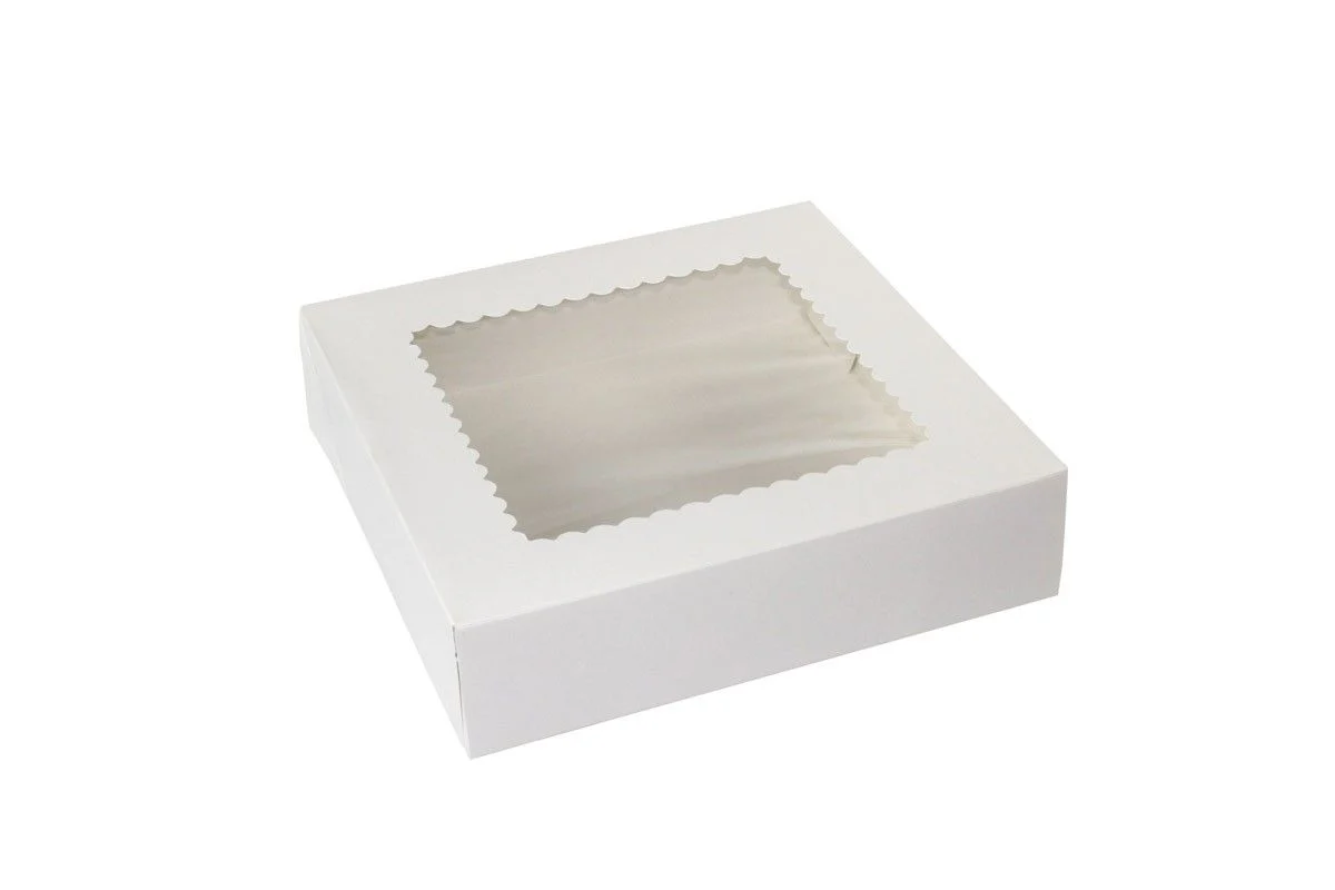 White bakery box with a scalloped-edge clear window, shown at an angle