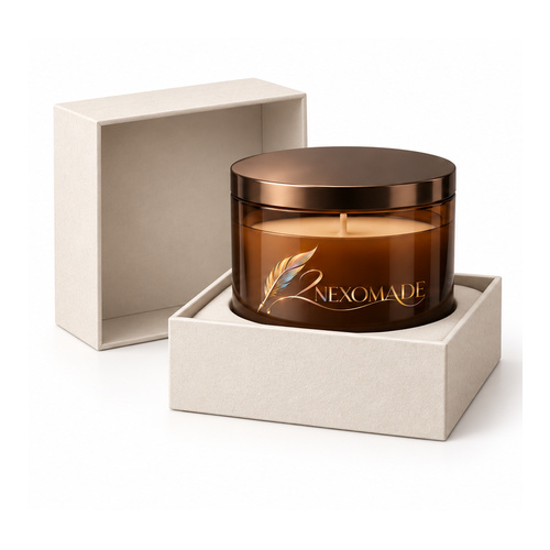 Pale ivory square candle gift box with a deep lift-off lid, shallow base and gold feather branding, shown open and closed.