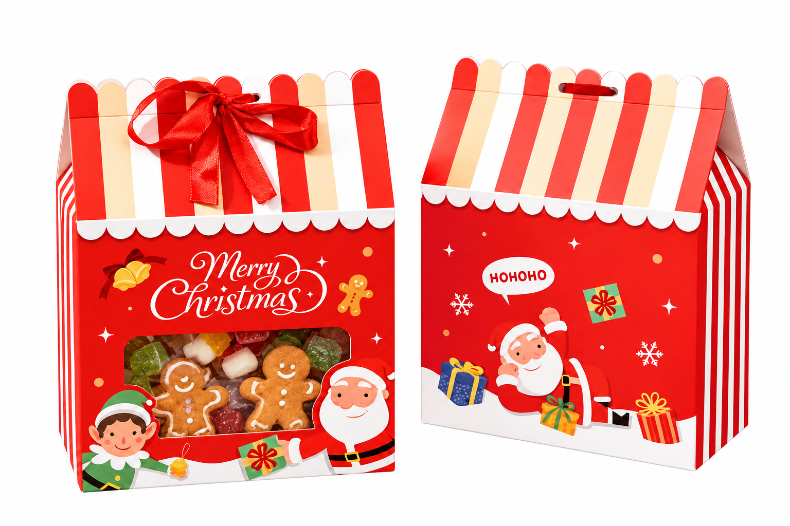 Two red Christmas gift boxes with striped tops and Santa illustrations.