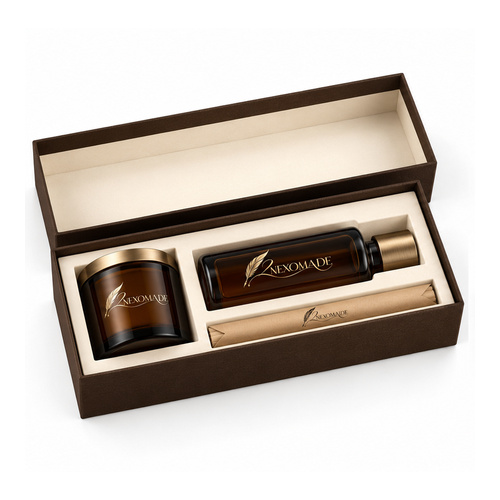 Walnut brown rectangular gift box with an ivory insert for a candle and diffuser set, shown open and closed.