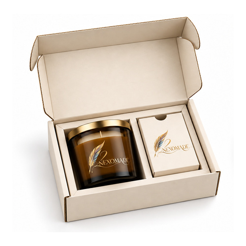Cream candle mailer box with a plain front panel, fitted insert and gold feather branding, shown open and closed.