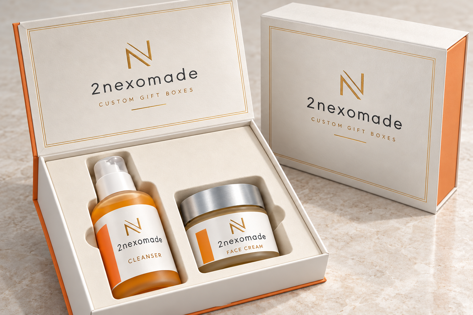 Open ivory skincare gift box with orange sides, gold border detailing and a fitted insert holding a cleanser bottle and cream jar.