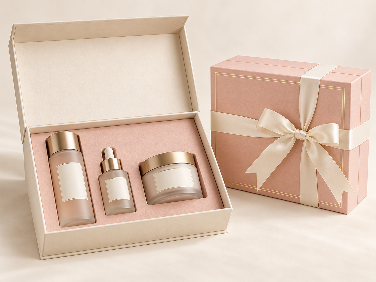 Ivory and blush pink beauty gift boxes with skincare bottles, a cream jar and a satin ribbon.