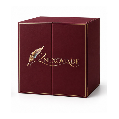 Burgundy candle presentation box with two front doors, a fitted insert and gold feather branding, shown open and closed.